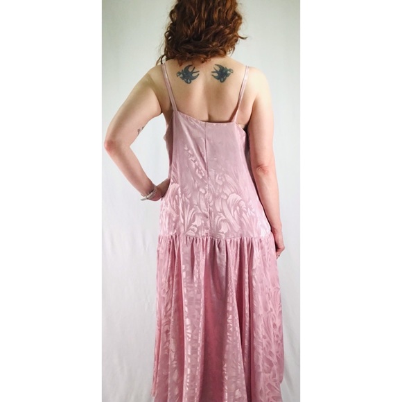 Sold--80’s Vintage Blush Pink Monochrome Floral Satin Drop Waist Midi Slip Dress - Picture 4 of 12